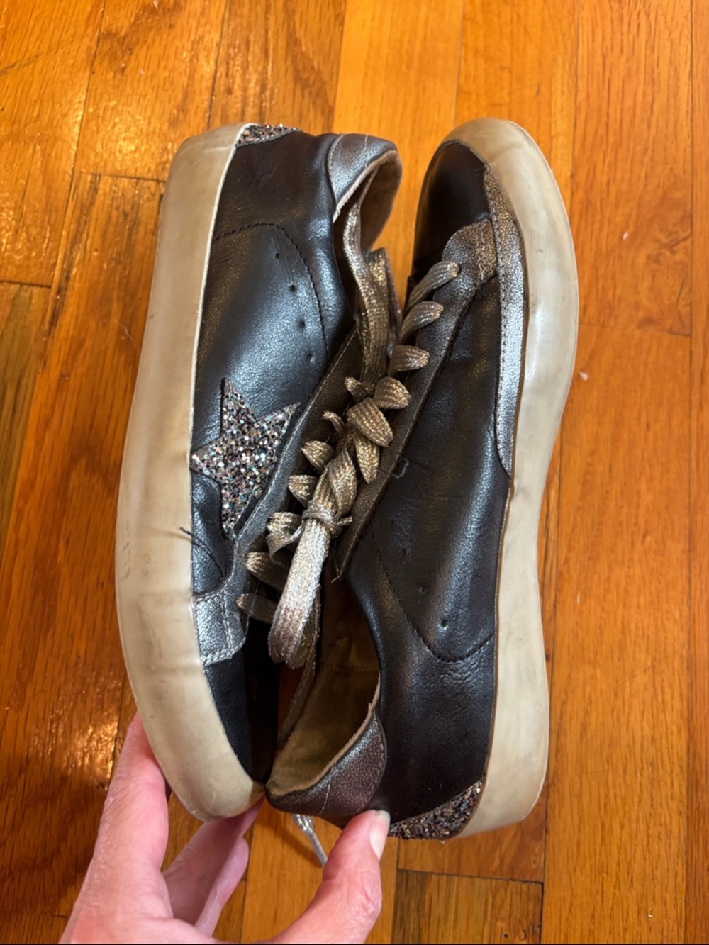 Shu Shop Black Leather Sneakers with Glitter Star Accent Whimsigoth  Sz 6 1/2